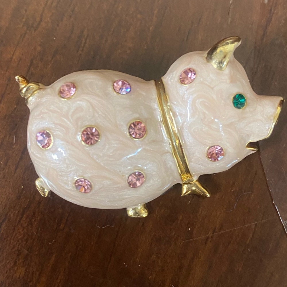Vintage pink when pigs fly crystal lapel pin with gold